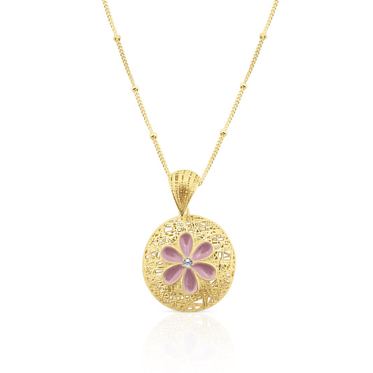 Collana in Argento 925 Placcato Oro 18k con Ciondolo Fiore Smaltato Rosa - Collezione RomaGems - Made in Italy