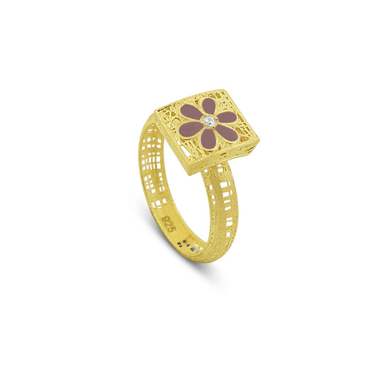 Anello in Argento 925 Placcato Oro con Fiore Smaltato Rosa - Collezione RomaGems - Made in Italy - ROMA GEMS