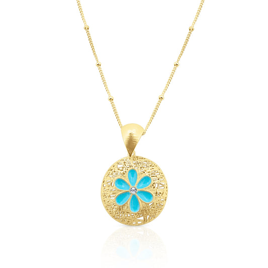 Collana in Argento 925 Placcato Oro 18k con Ciondolo Fiore Smaltato Azzurro - Collezione RomaGems - Made in Italy