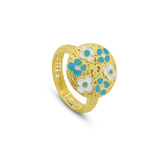 Anello in Argento 925 Placcato Oro con Fiori Smaltati Azzurri e Bianchi - Collezione RomaGems - Made in Italy - ROMA GEMS