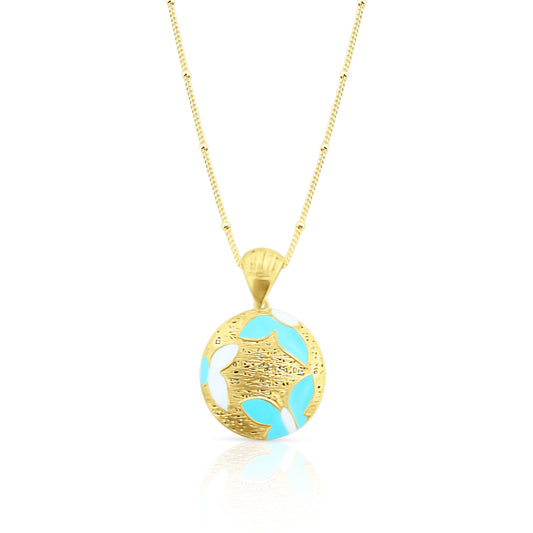 Collana in Argento 925 Placcato Oro 18k con Ciondolo Rotondo Smaltato Azzurro - Collezione RomaGems - Made in Italy