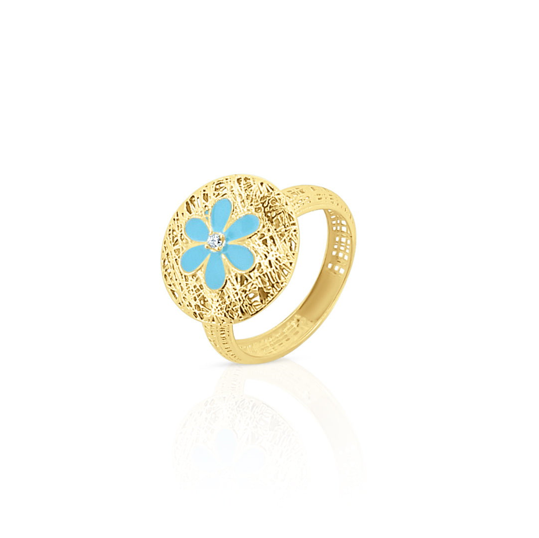 anello in argento 925 placcato oro 18k con fiore smaltato azzurro - collezione romagems - made in italy - roma gems