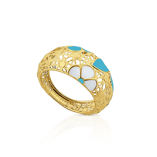 Anello in Argento 925 Placcato Oro 18k con Motivo Floreale Smaltato - Collezione RomaGems - Made in Italy