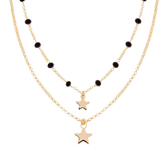 Two-Strand Rolo Chain Necklace with Black Crystals and Plain Star Pendants in 925 Silver, Gold-Plated