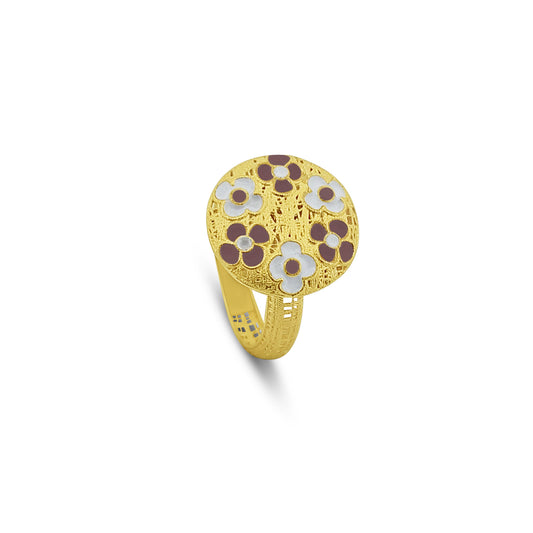 Anello in Argento 925 Placcato Oro con Fiori Smaltati Rosa e Bianchi - Collezione RomaGems - Made in Italy