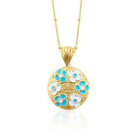 Collana in Argento 925 Placcato Oro 18k con Ciondolo Floreale Smaltato Azzurro - Collezione RomaGems - Made in Italy - ROMA GEMS